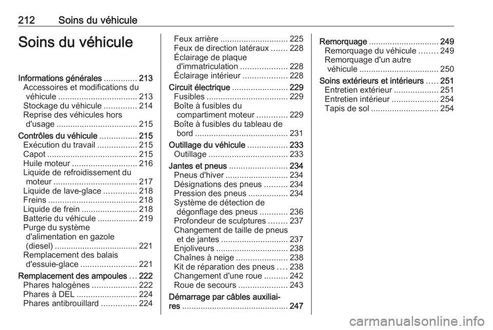 OPEL GRANDLAND X 2019.75  Manuel dutilisation (in French) 212Soins du véhiculeSoins du véhiculeInformations générales..............213
Accessoires et modifications du véhicule .................................. 213
Stockage du véhicule ..............21