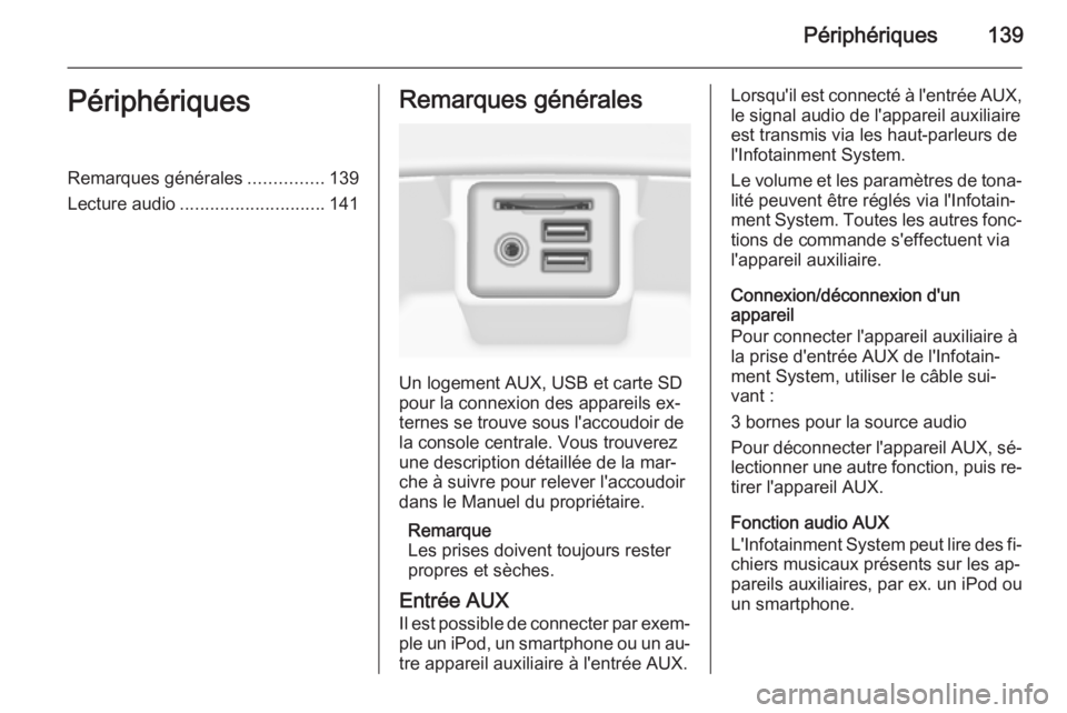 OPEL INSIGNIA 2014.5  Manuel multimédia (in French) Périphériques139PériphériquesRemarques générales...............139
Lecture audio ............................. 141Remarques générales
Un logement AUX, USB et carte SD
pour la connexion des app