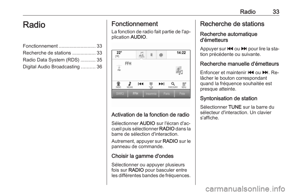OPEL INSIGNIA 2016  Manuel multimédia (in French) Radio33RadioFonctionnement........................... 33
Recherche de stations .................33
Radio Data System (RDS) ...........35
Digital Audio Broadcasting ..........36Fonctionnement
La foncti
