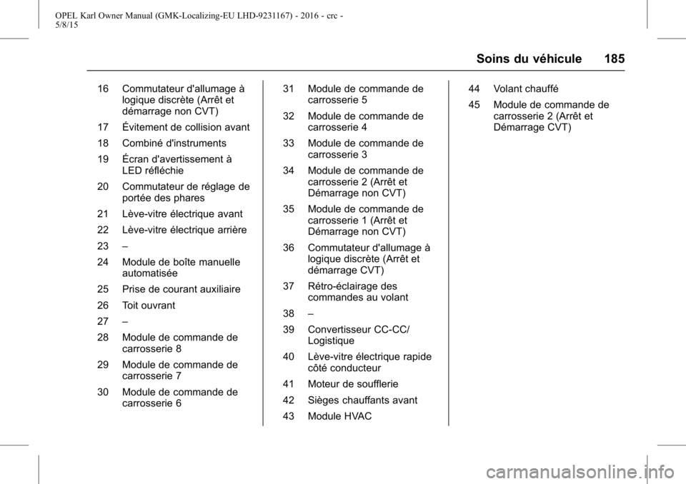 OPEL KARL 2015.75 Manuel dutilisation (in French) OPEL Karl Owner Manual (GMK-Localizing-EU LHD-9231167) - 2016 - crc -
5/8/15
Soins du véhicule 185
16 Commutateur d'allumage àlogique discrète (Arrêt et
démarrage non CVT)
17 Évitement de co OPEL KARL 2015.75 Manuel dutilisation (in French) OPEL Karl Owner Manual (GMK-Localizing-EU LHD-9231167) - 2016 - crc -
5/8/15
Soins du véhicule 185
16 Commutateur d'allumage àlogique discrète (Arrêt et
démarrage non CVT)
17 Évitement de co