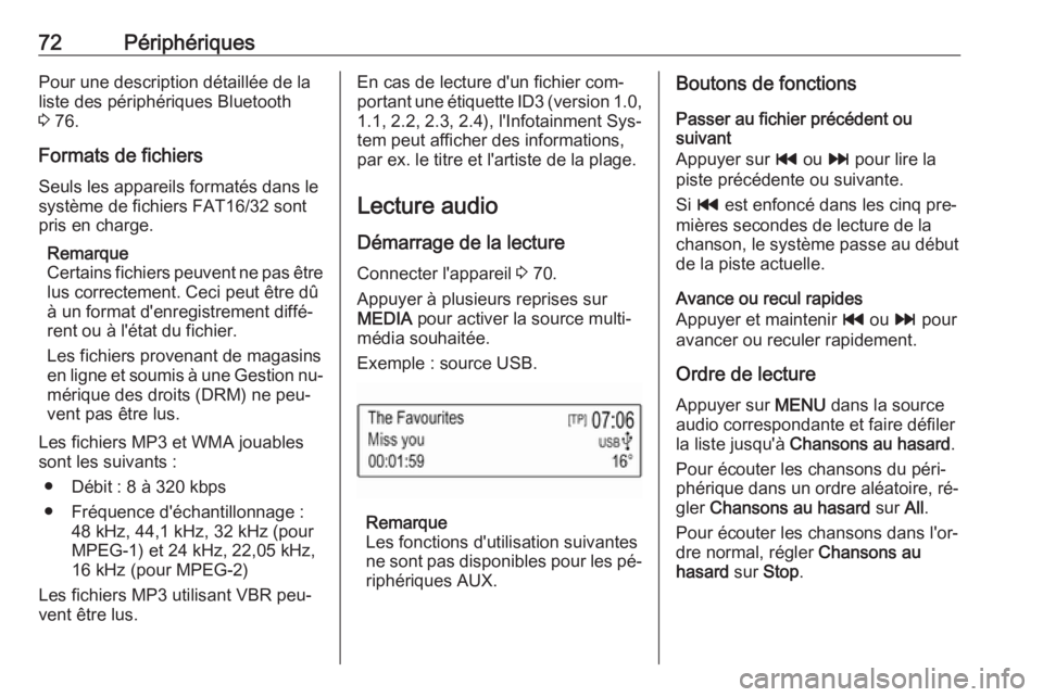 OPEL KARL 2016.5  Manuel multimédia (in French) 72PériphériquesPour une description détaillée de laliste des périphériques Bluetooth
3  76.
Formats de fichiers
Seuls les appareils formatés dans le
système de fichiers FAT16/32 sont
pris en c
