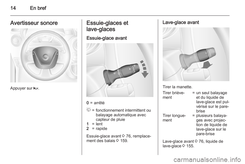 OPEL MOVANO_B 2015.5  Manuel dutilisation (in French) 14En brefAvertisseur sonore
Appuyer sur j.
Essuie-glaces et
lave-glaces 
Essuie-glace avant0=arrêtéP=fonctionnement intermittent ou
balayage automatique avec
capteur de pluie1=lent2=rapide
Essuie-gl