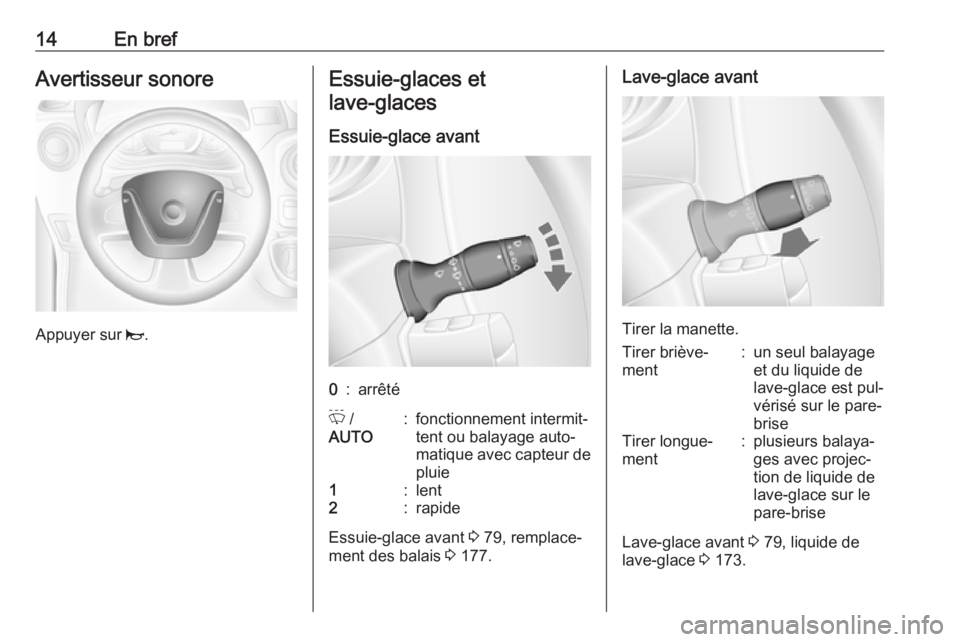 OPEL MOVANO_B 2016.5  Manuel dutilisation (in French) 14En brefAvertisseur sonore
Appuyer sur j.
Essuie-glaces et
lave-glaces 
Essuie-glace avant0:arrêtéP  /
AUTO:fonctionnement intermit‐
tent ou balayage auto‐
matique avec capteur de pluie1:lent2:
