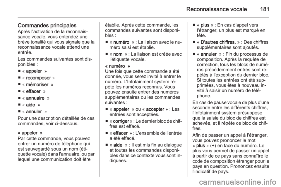 OPEL ZAFIRA B 2014.5  Manuel multimédia (in French) Reconnaissance vocale181
Commandes principalesAprès l'activation de la reconnais‐
sance vocale, vous entendez une
brève tonalité qui vous signale que la
reconnaissance vocale attend une
entr