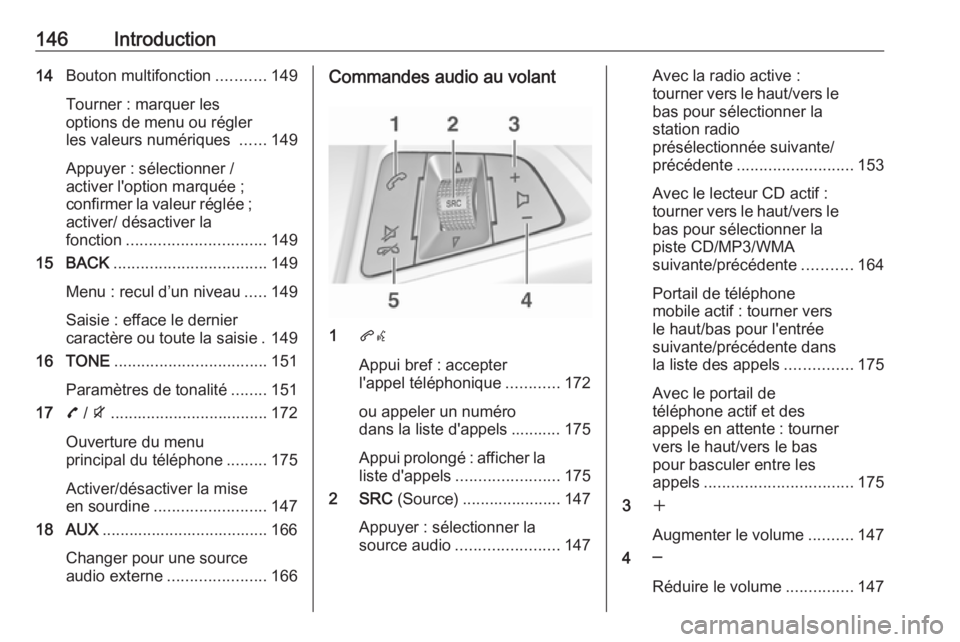 OPEL ZAFIRA C 2016  Manuel multimédia (in French) 146Introduction14Bouton multifonction ...........149
Tourner : marquer les
options de menu ou régler
les valeurs numériques  ......149
Appuyer : sélectionner /
activer l'option marquée ;
confi