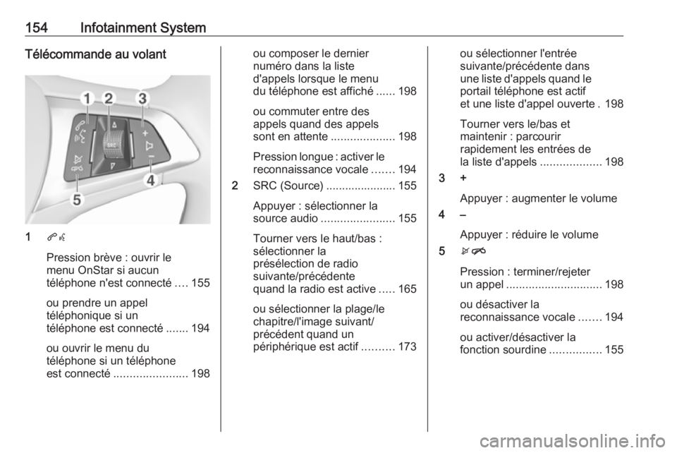 OPEL ZAFIRA C 2018 Manuel dutilisation (in French) 154Infotainment SystemTélécommande au volant
1qw
Pression brève : ouvrir le
menu OnStar si aucun
téléphone n'est connecté ....155
ou prendre un appel
téléphonique si un
téléphone est con OPEL ZAFIRA C 2018 Manuel dutilisation (in French) 154Infotainment SystemTélécommande au volant
1qw
Pression brève : ouvrir le
menu OnStar si aucun
téléphone n'est connecté ....155
ou prendre un appel
téléphonique si un
téléphone est con
