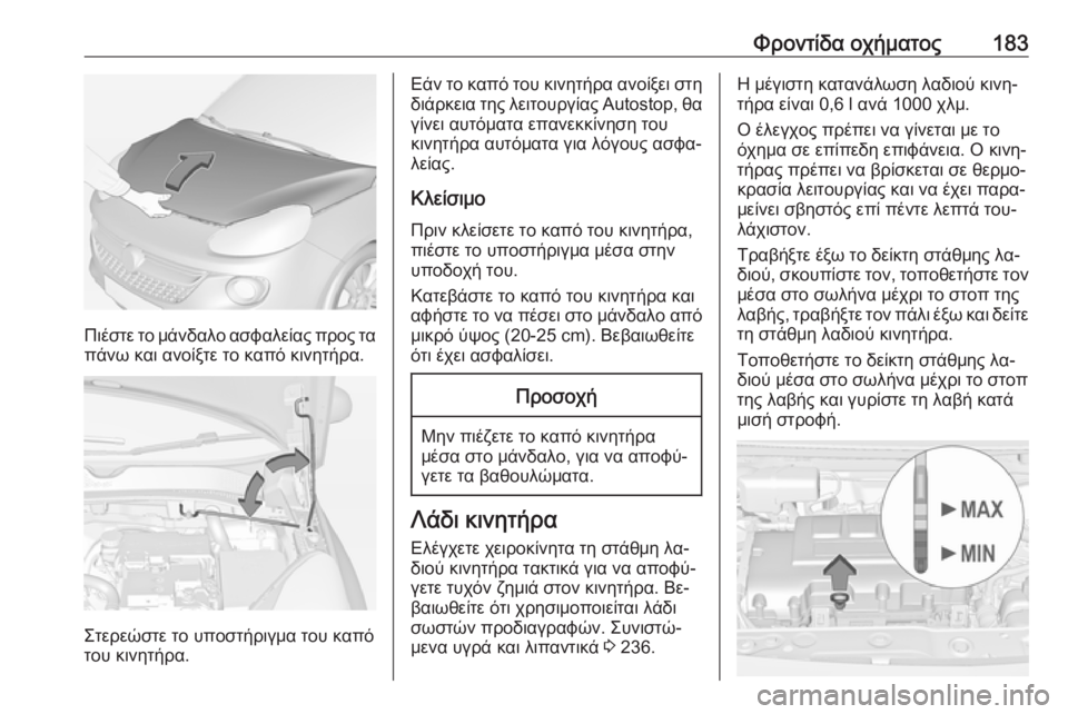 OPEL ADAM 2016  Εγχειρίδιο Οδηγιών Χρήσης και Λειτουργίας (in Greek) Φροντίδα οχήματος183
Πιέστε το μάνδαλο ασφαλείας προς τα
πάνω και ανοίξτε το καπό κινητήρα.
Στερεώστε το υποστ