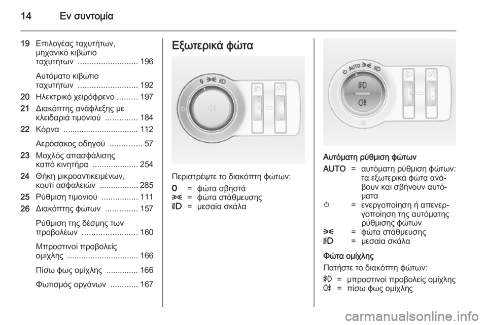 OPEL ASTRA J 2014 Εγχειρίδιο Οδηγιών Χρήσης και Λειτουργίας (in Greek) 14Εν συντομία
19Επιλογέας ταχυτήτων,
μηχανικό κιβώτιο
ταχυτήτων .......................... 196
Αυτόματο κιβώτιο
ταχυτήτων OPEL ASTRA J 2014 Εγχειρίδιο Οδηγιών Χρήσης και Λειτουργίας (in Greek) 14Εν συντομία
19Επιλογέας ταχυτήτων,
μηχανικό κιβώτιο
ταχυτήτων .......................... 196
Αυτόματο κιβώτιο
ταχυτήτων