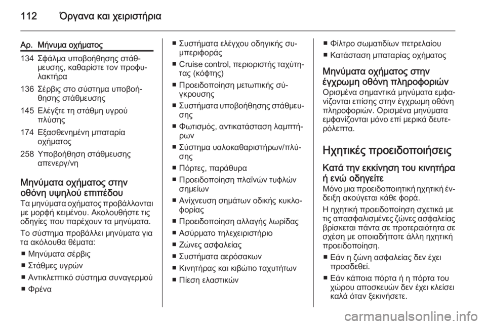 OPEL CORSA 2015 Εγχειρίδιο Οδηγιών Χρήσης και Λειτουργίας (in Greek) 112Όργανα και χειριστήρια
Αρ.Μήνυμα οχήματος134Σφάλμα υποβοήθησης στάθ‐
μευσης, καθαρίστε τον προφυ‐
λακτήρα1 OPEL CORSA 2015 Εγχειρίδιο Οδηγιών Χρήσης και Λειτουργίας (in Greek) 112Όργανα και χειριστήρια
Αρ.Μήνυμα οχήματος134Σφάλμα υποβοήθησης στάθ‐
μευσης, καθαρίστε τον προφυ‐
λακτήρα1