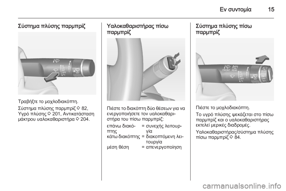 OPEL CORSA 2015  Εγχειρίδιο Οδηγιών Χρήσης και Λειτουργίας (in Greek) Εν συντομία15
Σύστημα πλύσης παρμπρίζ
Τραβήξτε το μοχλοδιακόπτη.
Σύστημα πλύσης παρμπρίζ  3 82,
Υγρό πλύσης  3 201,