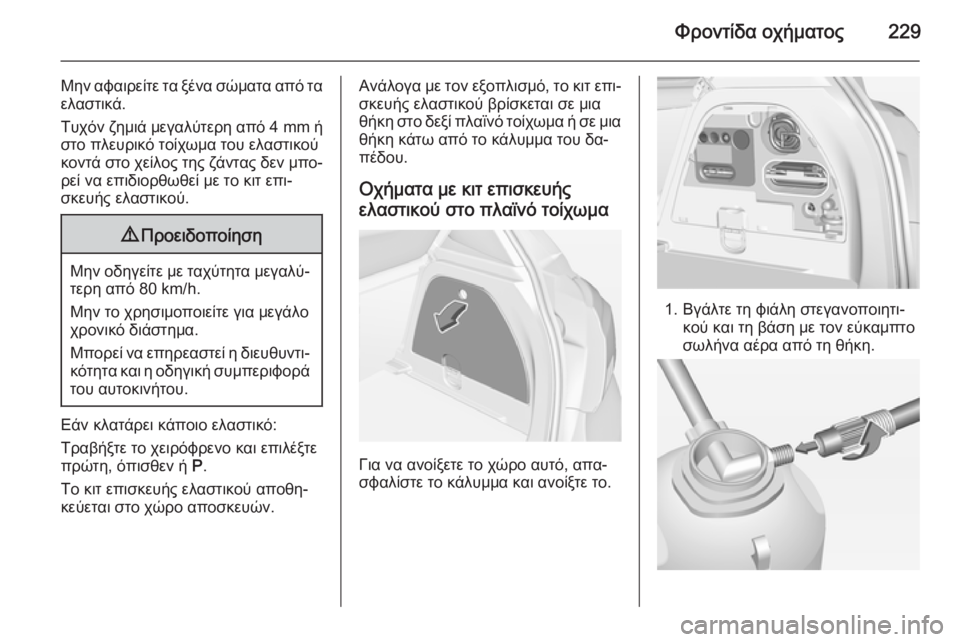 OPEL CORSA 2015  Εγχειρίδιο Οδηγιών Χρήσης και Λειτουργίας (in Greek) Φροντίδα οχήματος229
Μην αφαιρείτε τα ξένα σώματα από τα
ελαστικά.
Τυχόν ζημιά μεγαλύτερη από  4 mm ή
στο πλευρικ