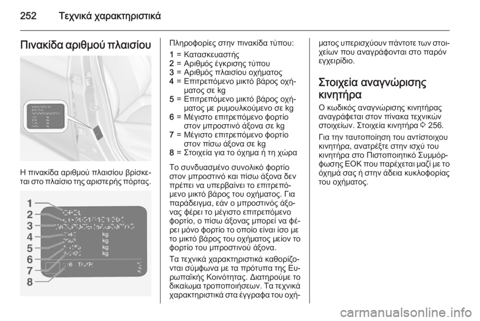 OPEL CORSA 2015 Εγχειρίδιο Οδηγιών Χρήσης και Λειτουργίας (in Greek) 252Τεχνικά χαρακτηριστικάΠινακίδα αριθμού πλαισίου
Η πινακίδα αριθμού πλαισίου βρίσκε‐
ται στο πλαίσιο της OPEL CORSA 2015 Εγχειρίδιο Οδηγιών Χρήσης και Λειτουργίας (in Greek) 252Τεχνικά χαρακτηριστικάΠινακίδα αριθμού πλαισίου
Η πινακίδα αριθμού πλαισίου βρίσκε‐
ται στο πλαίσιο της