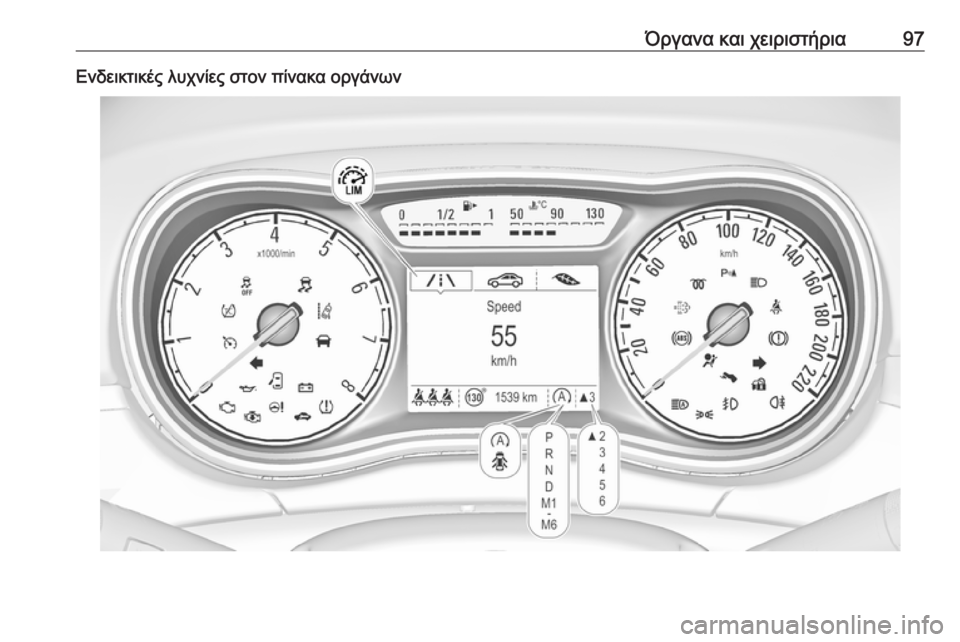 OPEL CORSA E 2017.5  Εγχειρίδιο Οδηγιών Χρήσης και Λειτουργίας (in Greek) Όργανα και χειριστήρια97Ενδεικτικές λυχνίες στον πίνακα οργάνων 