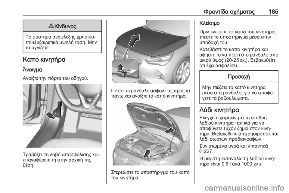 OPEL CORSA F 2020  Εγχειρίδιο Οδηγιών Χρήσης και Λειτουργίας (in Greek) Φροντίδα οχήματος1859Κίνδυνος
Το σύστημα ανάφλεξης χρησιμο‐
ποιεί εξαιρετικά υψηλή τάση. Μην τα αγγίζετε.
Καπ
