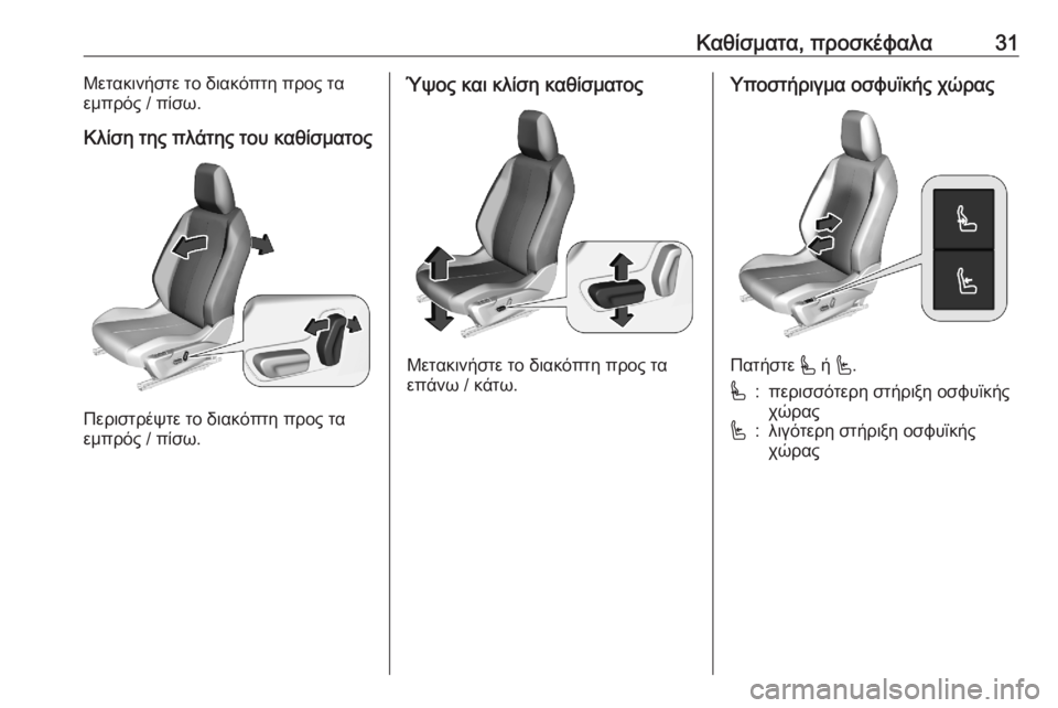 OPEL CORSA F 2020  Εγχειρίδιο Οδηγιών Χρήσης και Λειτουργίας (in Greek) Καθίσματα, προσκέφαλα31Μετακινήστε το διακόπτη προς τα
εμπρός / πίσω.
Κλίση της πλάτης του καθίσματος
Περιστρ
