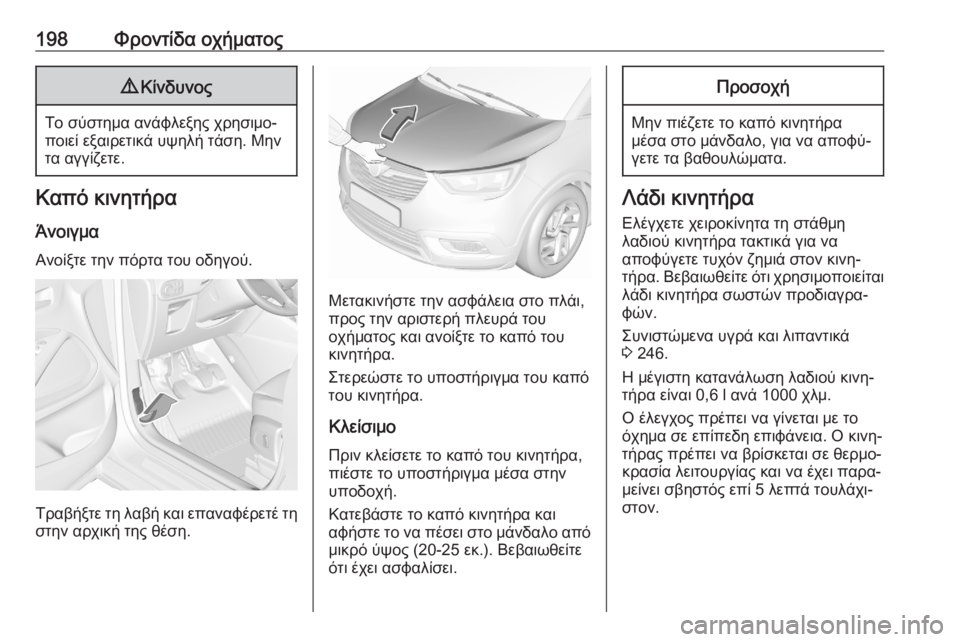 OPEL CROSSLAND X 2020  Εγχειρίδιο Οδηγιών Χρήσης και Λειτουργίας (in Greek) 198Φροντίδα οχήματος9Κίνδυνος
Το σύστημα ανάφλεξης χρησιμο‐
ποιεί εξαιρετικά υψηλή τάση. Μην τα αγγίζετε.
Καπ