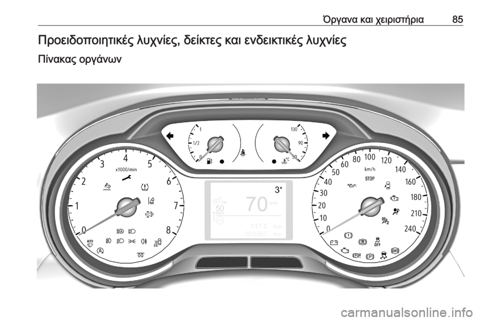OPEL CROSSLAND X 2020  Εγχειρίδιο Οδηγιών Χρήσης και Λειτουργίας (in Greek) Όργανα και χειριστήρια85Προειδοποιητικές λυχνίες, δείκτες και ενδεικτικές λυχνίες
Πίνακας οργάνων 