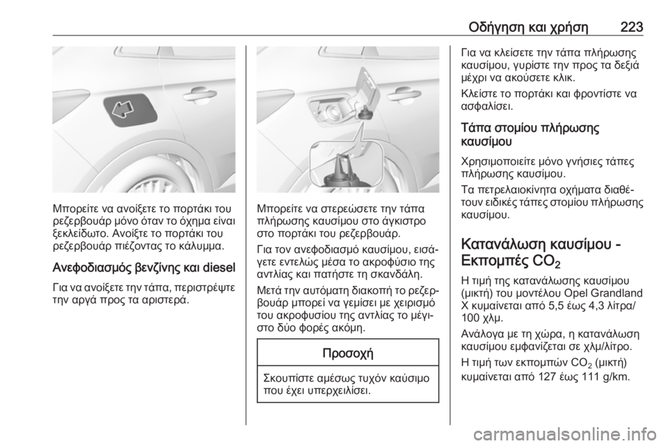OPEL GRANDLAND X 2018 Εγχειρίδιο Οδηγιών Χρήσης και Λειτουργίας (in Greek) Οδήγηση και χρήση223
Μπορείτε να ανοίξετε το πορτάκι του
ρεζερβουάρ μόνο όταν το όχημα είναι ξεκλείδωτο. Ανοίξ OPEL GRANDLAND X 2018 Εγχειρίδιο Οδηγιών Χρήσης και Λειτουργίας (in Greek) Οδήγηση και χρήση223
Μπορείτε να ανοίξετε το πορτάκι του
ρεζερβουάρ μόνο όταν το όχημα είναι ξεκλείδωτο. Ανοίξ