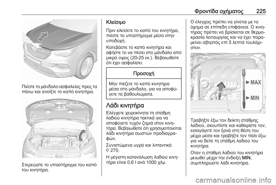 OPEL GRANDLAND X 2019.75  Εγχειρίδιο Οδηγιών Χρήσης και Λειτουργίας (in Greek) Φροντίδα οχήματος225
Πιέστε το μάνδαλο ασφαλείας προς τα
πάνω και ανοίξτε το καπό κινητήρα.
Στερεώστε το υποστ