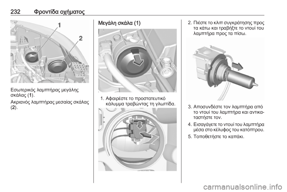 OPEL GRANDLAND X 2019.75  Εγχειρίδιο Οδηγιών Χρήσης και Λειτουργίας (in Greek) 232Φροντίδα οχήματος
Εσωτερικός λαμπτήρας μεγάλης
σκάλας ( 1).
Ακριανός λαμπτήρας μεσαίας σκάλας ( 2 ).
Μεγάλη σκ�