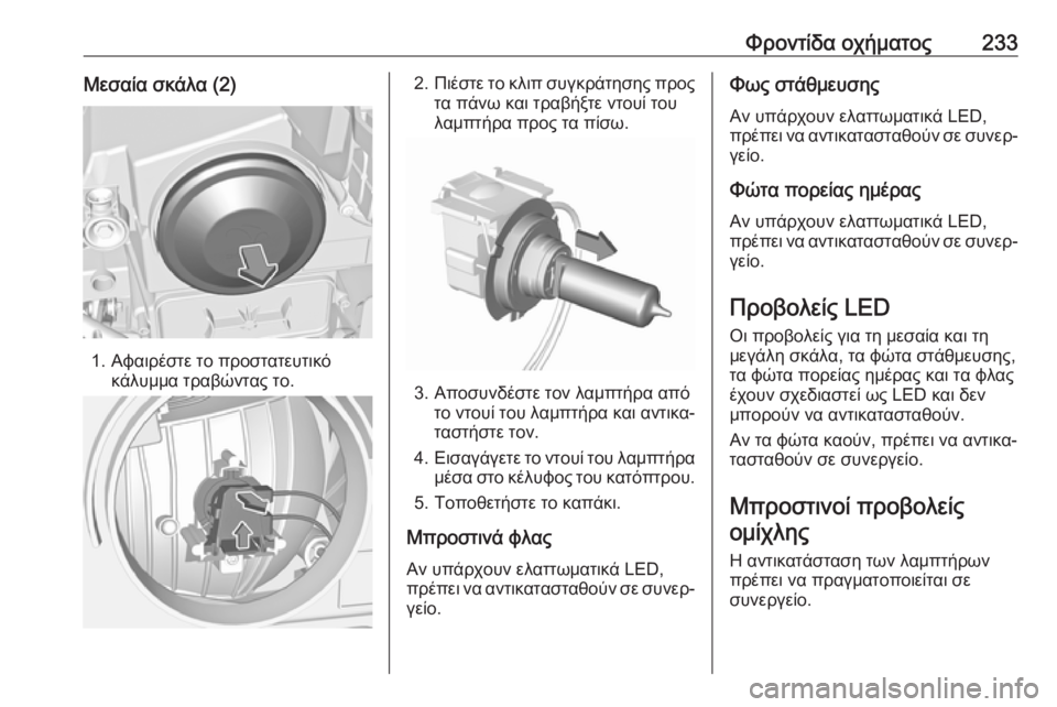 OPEL GRANDLAND X 2019.75  Εγχειρίδιο Οδηγιών Χρήσης και Λειτουργίας (in Greek) Φροντίδα οχήματος233Μεσαία σκάλα (2)
1. Αφαιρέστε το προστατευτικόκάλυμμα τραβώντας το.
2.Πιέστε το κλιπ συγκράτ