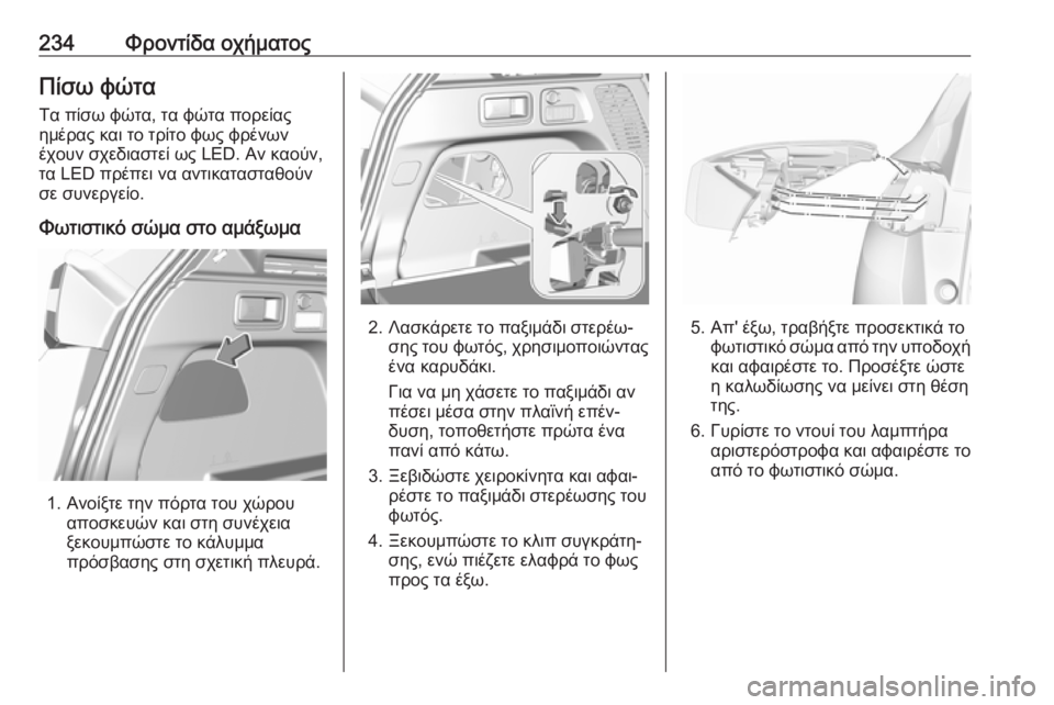 OPEL GRANDLAND X 2019.75  Εγχειρίδιο Οδηγιών Χρήσης και Λειτουργίας (in Greek) 234Φροντίδα οχήματοςΠίσω φώτα
Τα πίσω φώτα, τα φώτα πορείας
ημέρας και το τρίτο φως φρένων
έχουν σχεδιαστεί ως 