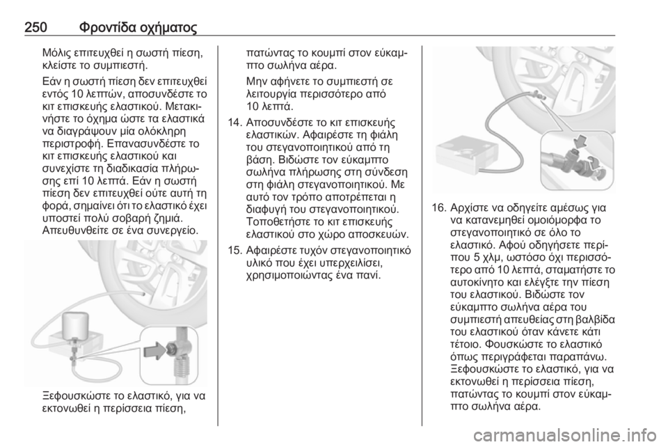 OPEL GRANDLAND X 2019.75  Εγχειρίδιο Οδηγιών Χρήσης και Λειτουργίας (in Greek) 250Φροντίδα οχήματοςΜόλις επιτευχθεί η σωστή πίεση,
κλείστε το συμπιεστή.
Εάν η σωστή πίεση δεν επιτευχθεί
εντ