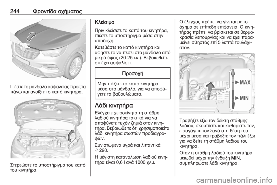 OPEL GRANDLAND X 2020 Εγχειρίδιο Οδηγιών Χρήσης και Λειτουργίας (in Greek) 244Φροντίδα οχήματος
Πιέστε το μάνδαλο ασφαλείας προς τα
πάνω και ανοίξτε το καπό κινητήρα.
Στερεώστε το υποστ OPEL GRANDLAND X 2020 Εγχειρίδιο Οδηγιών Χρήσης και Λειτουργίας (in Greek) 244Φροντίδα οχήματος
Πιέστε το μάνδαλο ασφαλείας προς τα
πάνω και ανοίξτε το καπό κινητήρα.
Στερεώστε το υποστ