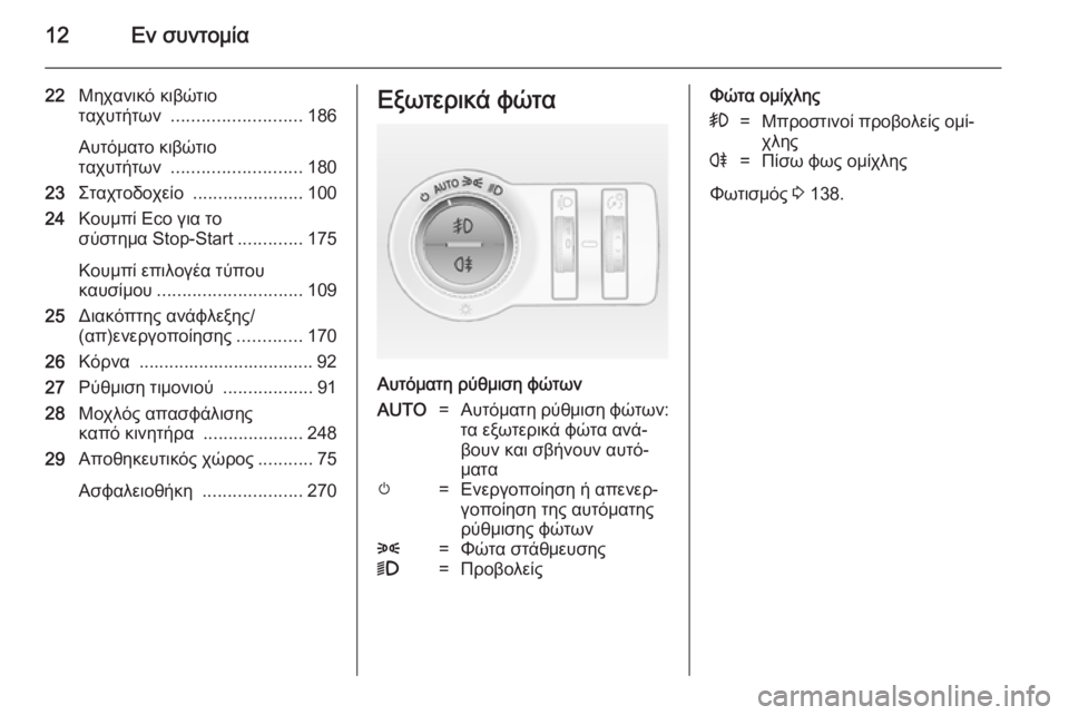 OPEL INSIGNIA 2014  Εγχειρίδιο Οδηγιών Χρήσης και Λειτουργίας (in Greek) 12Εν συντομία
22Μηχανικό κιβώτιο
ταχυτήτων  .......................... 186
Αυτόματο κιβώτιο
ταχυτήτων  .......................... 180
23 Στ