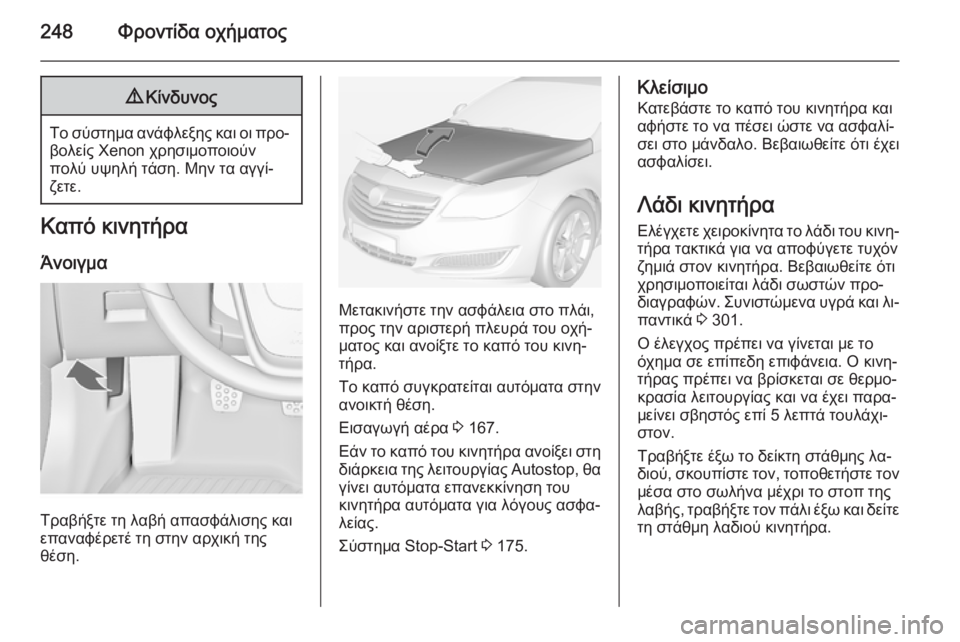 OPEL INSIGNIA 2014  Εγχειρίδιο Οδηγιών Χρήσης και Λειτουργίας (in Greek) 248Φροντίδα οχήματος9Κίνδυνος
Το σύστημα ανάφλεξης και οι προ‐
βολείς Xenon χρησιμοποιούν
πολύ υψηλή τάση. Μην τ