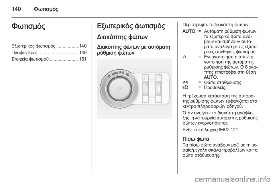 OPEL INSIGNIA 2014.5  Εγχειρίδιο Οδηγιών Χρήσης και Λειτουργίας (in Greek) 140ΦωτισμόςΦωτισμόςΕξωτερικός φωτισμός ................. 140
Πλαφονιέρες .............................. 149
Στοιχεία φωτισμού .............