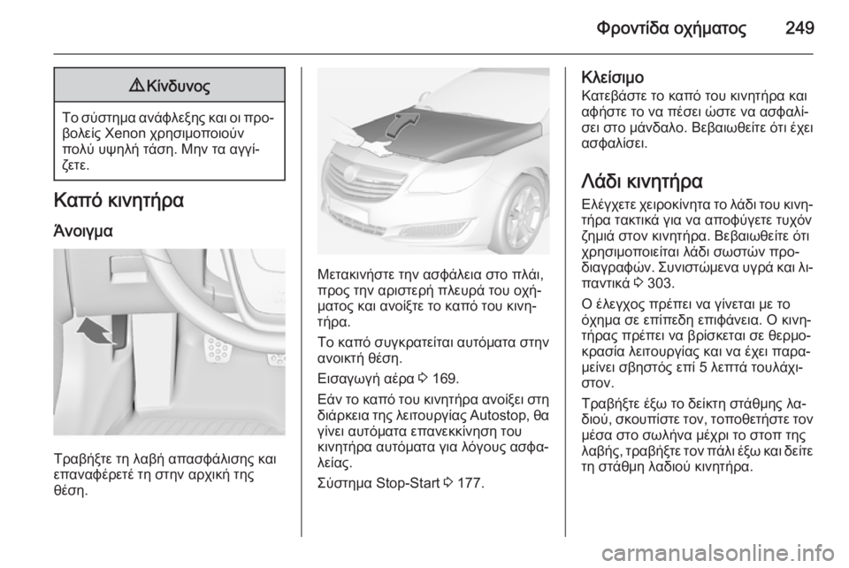 OPEL INSIGNIA 2015  Εγχειρίδιο Οδηγιών Χρήσης και Λειτουργίας (in Greek) Φροντίδα οχήματος2499Κίνδυνος
Το σύστημα ανάφλεξης και οι προ‐
βολείς Xenon χρησιμοποιούν
πολύ υψηλή τάση. Μην τ