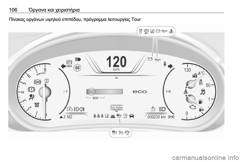 OPEL INSIGNIA 2016  Εγχειρίδιο Οδηγιών Χρήσης και Λειτουργίας (in Greek) 106Όργανα και χειριστήριαΠίνακας οργάνων υψηλού επιπέδου, πρόγραμμα λειτουργίας Tour 