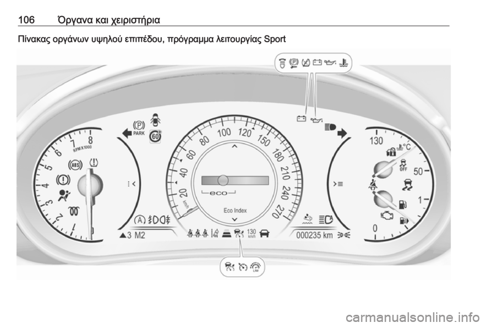 OPEL INSIGNIA 2017  Εγχειρίδιο Οδηγιών Χρήσης και Λειτουργίας (in Greek) 106Όργανα και χειριστήριαΠίνακας οργάνων υψηλού επιπέδου, πρόγραμμα λειτουργίας Sport 