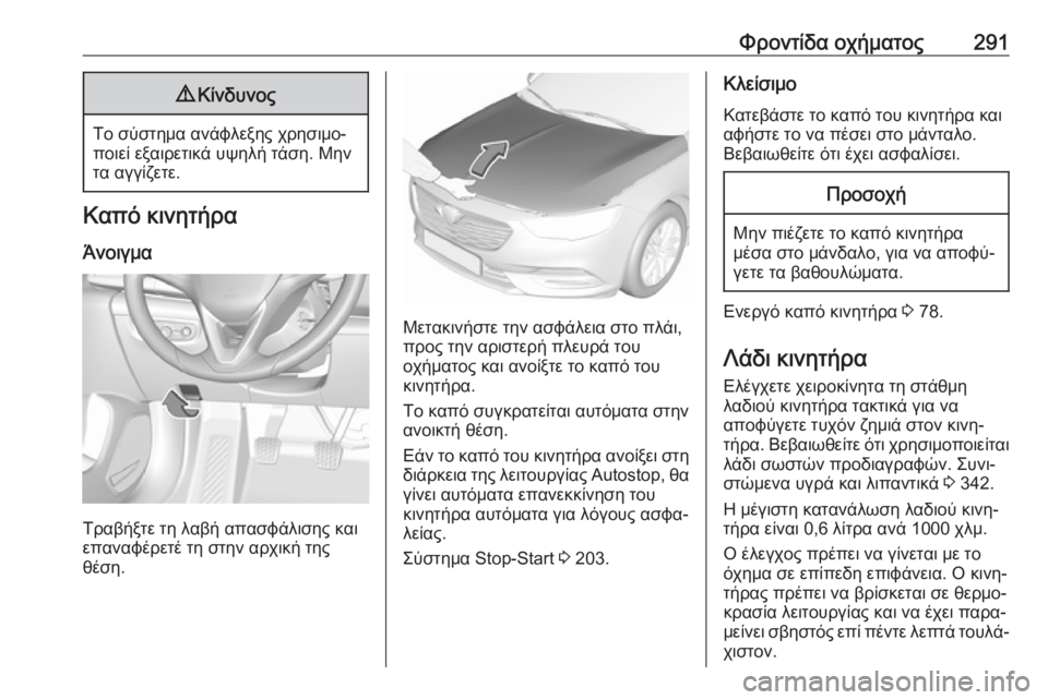 OPEL INSIGNIA BREAK 2019 Εγχειρίδιο Οδηγιών Χρήσης και Λειτουργίας (in Greek) Φροντίδα οχήματος2919Κίνδυνος
Το σύστημα ανάφλεξης χρησιμο‐
ποιεί εξαιρετικά υψηλή τάση. Μην τα αγγίζετε.
Καπ OPEL INSIGNIA BREAK 2019 Εγχειρίδιο Οδηγιών Χρήσης και Λειτουργίας (in Greek) Φροντίδα οχήματος2919Κίνδυνος
Το σύστημα ανάφλεξης χρησιμο‐
ποιεί εξαιρετικά υψηλή τάση. Μην τα αγγίζετε.
Καπ