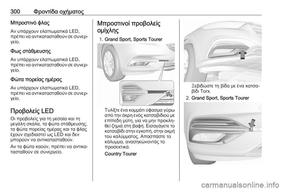 OPEL INSIGNIA BREAK 2019  Εγχειρίδιο Οδηγιών Χρήσης και Λειτουργίας (in Greek) 300Φροντίδα οχήματοςΜπροστινό φλας
Αν υπάρχουν ελαττωματικά LED,
πρέπει να αντικατασταθούν σε συνερ‐ γείο.
Φως