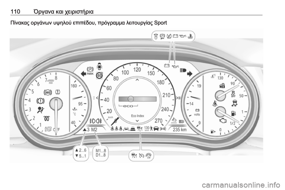 OPEL INSIGNIA BREAK 2019.5  Εγχειρίδιο Οδηγιών Χρήσης και Λειτουργίας (in Greek) 110Όργανα και χειριστήριαΠίνακας οργάνων υψηλού επιπέδου, πρόγραμμα λειτουργίας Sport 