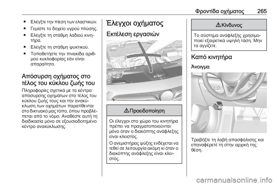 OPEL INSIGNIA BREAK 2020  Εγχειρίδιο Οδηγιών Χρήσης και Λειτουργίας (in Greek) Φροντίδα οχήματος265●Ελέγξτε την πίεση των ελαστικών.
● Γεμίστε το δοχείο υγρού πλύσης.
● Ελέγξτε τη στάθμη λ