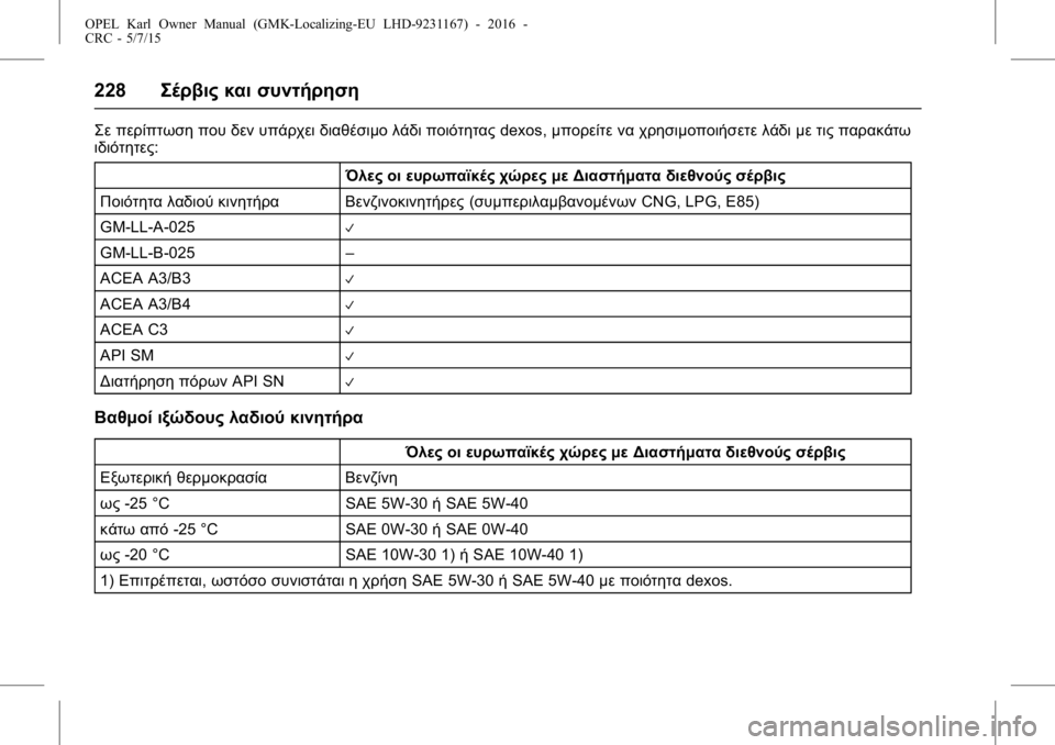 OPEL KARL 2015.75  Εγχειρίδιο Οδηγιών Χρήσης και Λειτουργίας (in Greek) OPEL Karl Owner Manual (GMK-Localizing-EU LHD-9231167) - 2016 -
CRC - 5/7/15
228Σέρβις και συντήρηση
Σε περίπτωση που δεν υπάρχει διαθέσιμο λάδι 