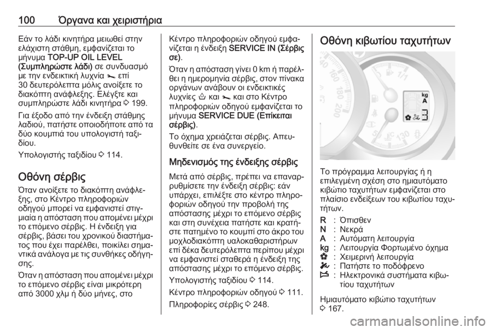 OPEL MOVANO_B 2018.5  Εγχειρίδιο Οδηγιών Χρήσης και Λειτουργίας (in Greek) 100Όργανα και χειριστήριαΕάν το λάδι κινητήρα μειωθεί στην
ελάχιστη στάθμη, εμφανίζεται το
μήνυμα  TOP-UP OIL LEVEL
(Σ