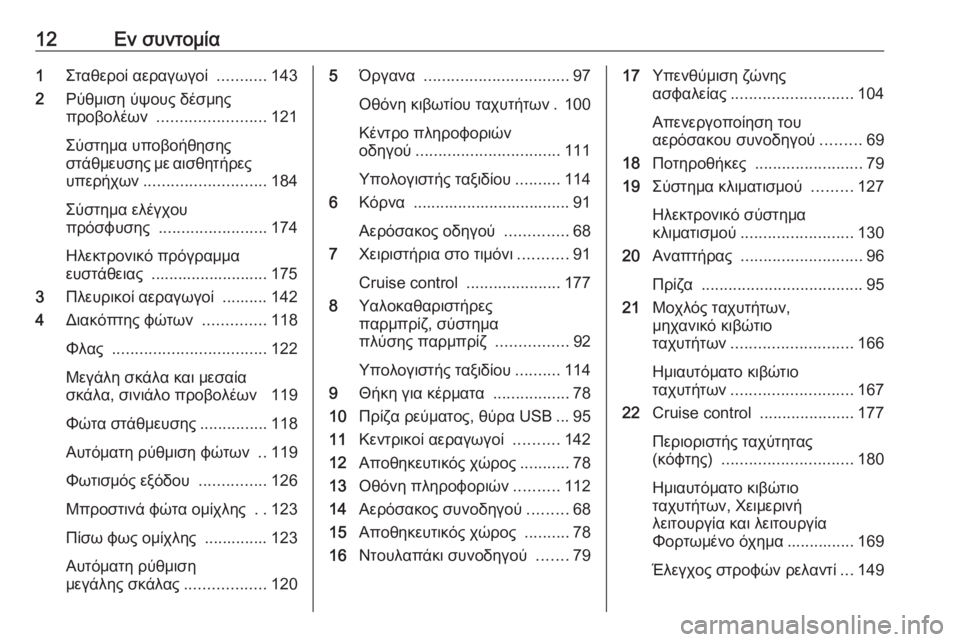OPEL MOVANO_B 2018.5  Εγχειρίδιο Οδηγιών Χρήσης και Λειτουργίας (in Greek) 12Εν συντομία1Σταθεροί αεραγωγοί  ...........143
2 Ρύθμιση ύψους δέσμης
προβολέων  ........................ 121
Σύστημα υποβοήθησ