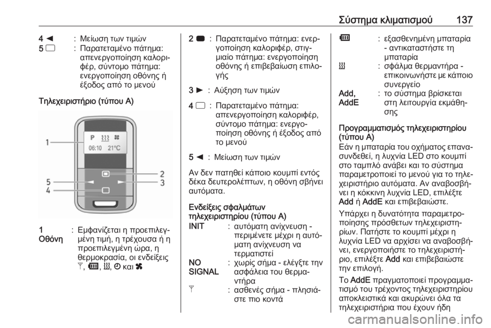 OPEL MOVANO_B 2018.5  Εγχειρίδιο Οδηγιών Χρήσης και Λειτουργίας (in Greek) Σύστημα κλιματισμού1374 k:Μείωση των τιμών5  d:Παρατεταμένο πάτημα:
απενεργοποίηση καλορι‐
φέρ, σύντομο πάτημα:
