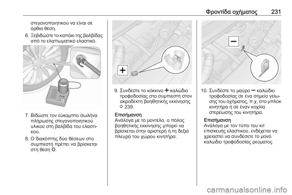 OPEL MOVANO_B 2018.5  Εγχειρίδιο Οδηγιών Χρήσης και Λειτουργίας (in Greek) Φροντίδα οχήματος231στεγανοποιητικού να είναι σε
όρθια θέση.
6. Ξεβιδώστε το καπάκι της βαλβίδας
από το ελαττω