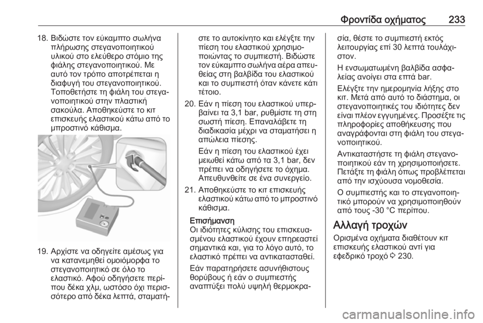 OPEL MOVANO_B 2018.5  Εγχειρίδιο Οδηγιών Χρήσης και Λειτουργίας (in Greek) Φροντίδα οχήματος23318. Βιδώστε τον εύκαμπτο σωλήναπλήρωσης στεγανοποιητικού
υλικού στο ελεύθερο στόμιο της
φ
