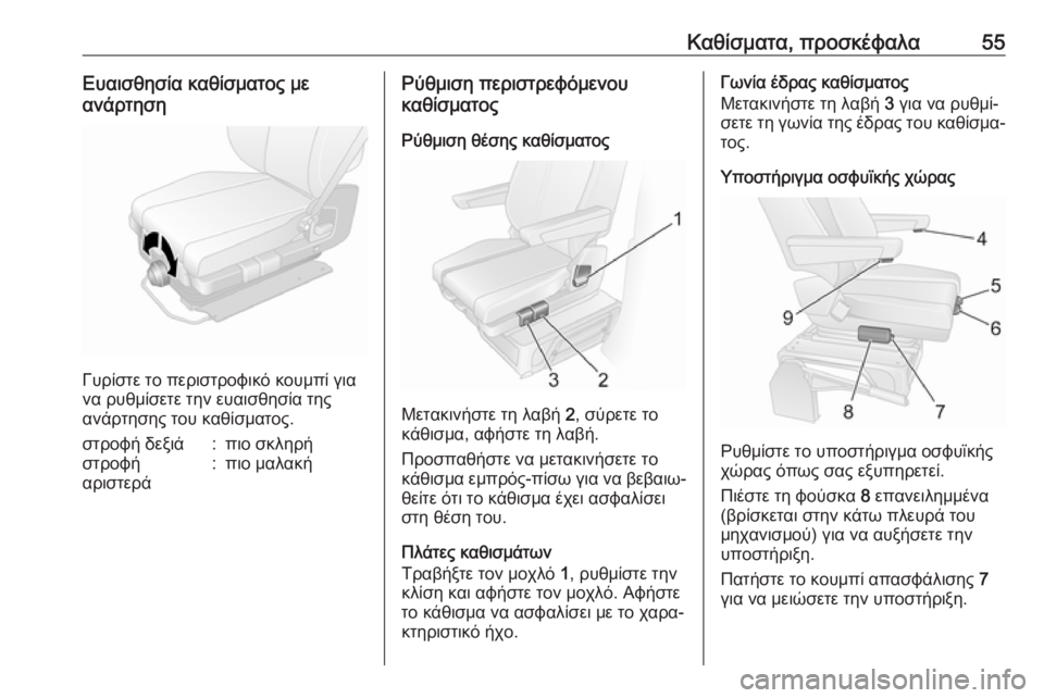 OPEL MOVANO_B 2018.5  Εγχειρίδιο Οδηγιών Χρήσης και Λειτουργίας (in Greek) Καθίσματα, προσκέφαλα55Ευαισθησία καθίσματος με
ανάρτηση
Γυρίστε το περιστροφικό κουμπί για
να ρυθμίσετε τη
