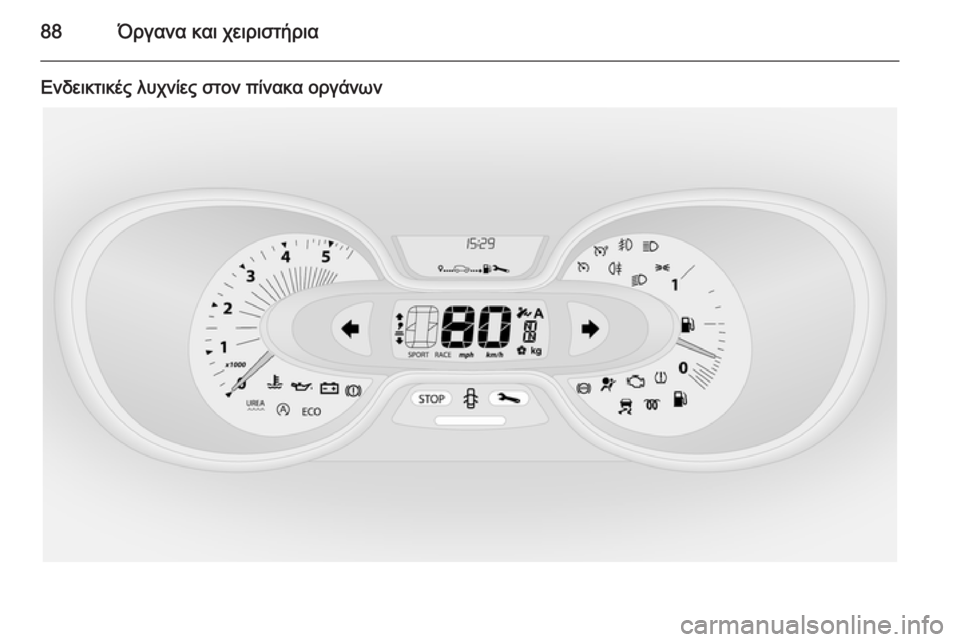 OPEL VIVARO B 2014.5  Εγχειρίδιο Οδηγιών Χρήσης και Λειτουργίας (in Greek) 88Όργανα και χειριστήρια
Ενδεικτικές λυχνίες στον πίνακα οργάνων 