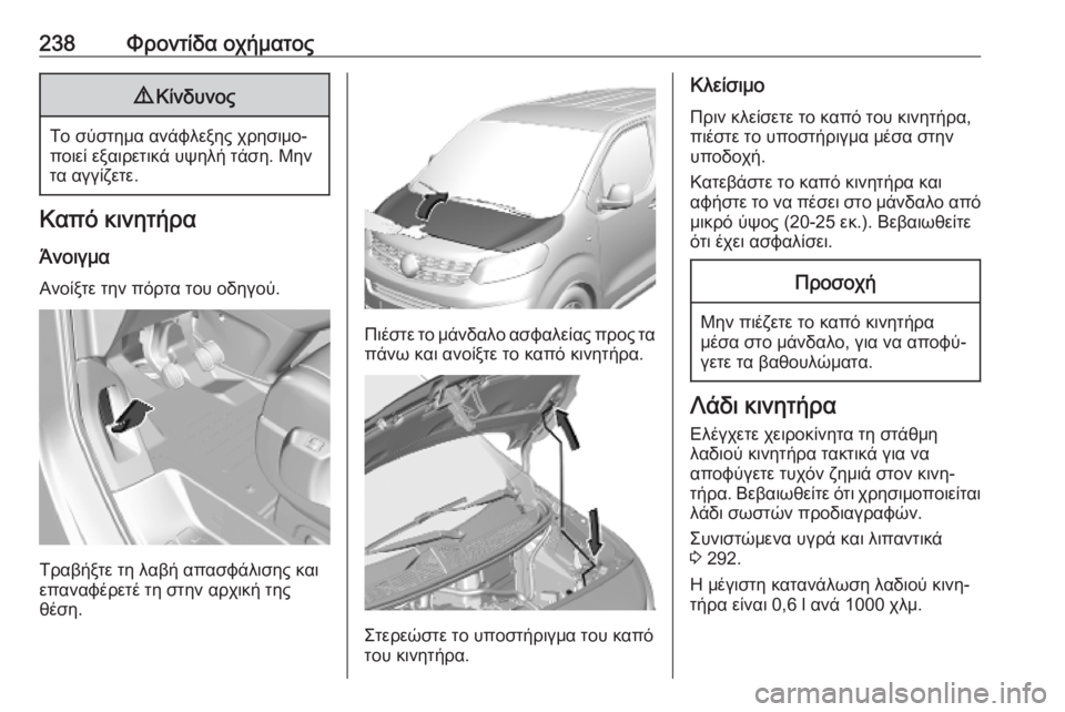 OPEL VIVARO C 2020  Εγχειρίδιο Οδηγιών Χρήσης και Λειτουργίας (in Greek) 238Φροντίδα οχήματος9Κίνδυνος
Το σύστημα ανάφλεξης χρησιμο‐
ποιεί εξαιρετικά υψηλή τάση. Μην τα αγγίζετε.
Καπ