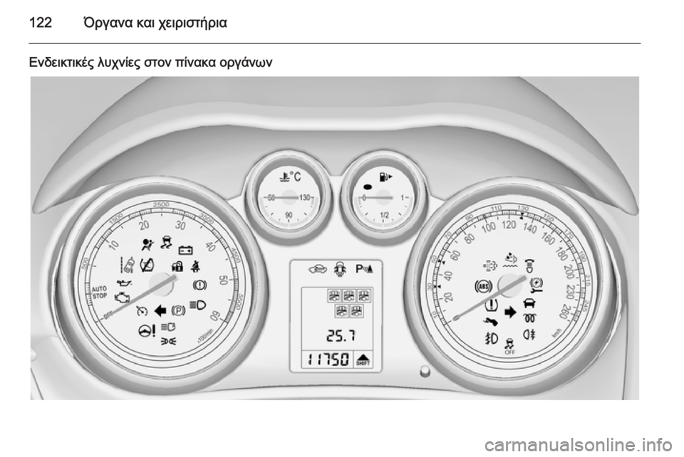 OPEL ZAFIRA C 2015.5  Εγχειρίδιο Οδηγιών Χρήσης και Λειτουργίας (in Greek) 122Όργανα και χειριστήρια
Ενδεικτικές λυχνίες στον πίνακα οργάνων 