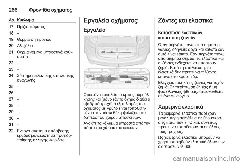 OPEL ZAFIRA C 2017.25  Εγχειρίδιο Οδηγιών Χρήσης και Λειτουργίας (in Greek) 266Φροντίδα οχήματοςΑρ.Κύκλωμα17Πρίζα ρεύματος18–19Θέρμανση τιμονιού20Αλεξήλιο21Θερμαινόμενα μπροστινά καθί‐
