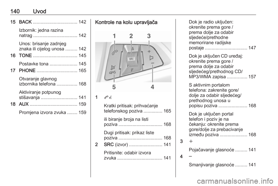 OPEL ASTRA J 2016.5 Priručnik za Infotainment (in Croatian) 140Uvod15 BACK.................................. 142
Izbornik: jedna razina
natrag .................................. 142
Unos: brisanje zadnjeg
znaka ili cijelog unosa .........142
16 TONE .......... OPEL ASTRA J 2016.5 Priručnik za Infotainment (in Croatian) 140Uvod15 BACK.................................. 142
Izbornik: jedna razina
natrag .................................. 142
Unos: brisanje zadnjeg
znaka ili cijelog unosa .........142
16 TONE ..........